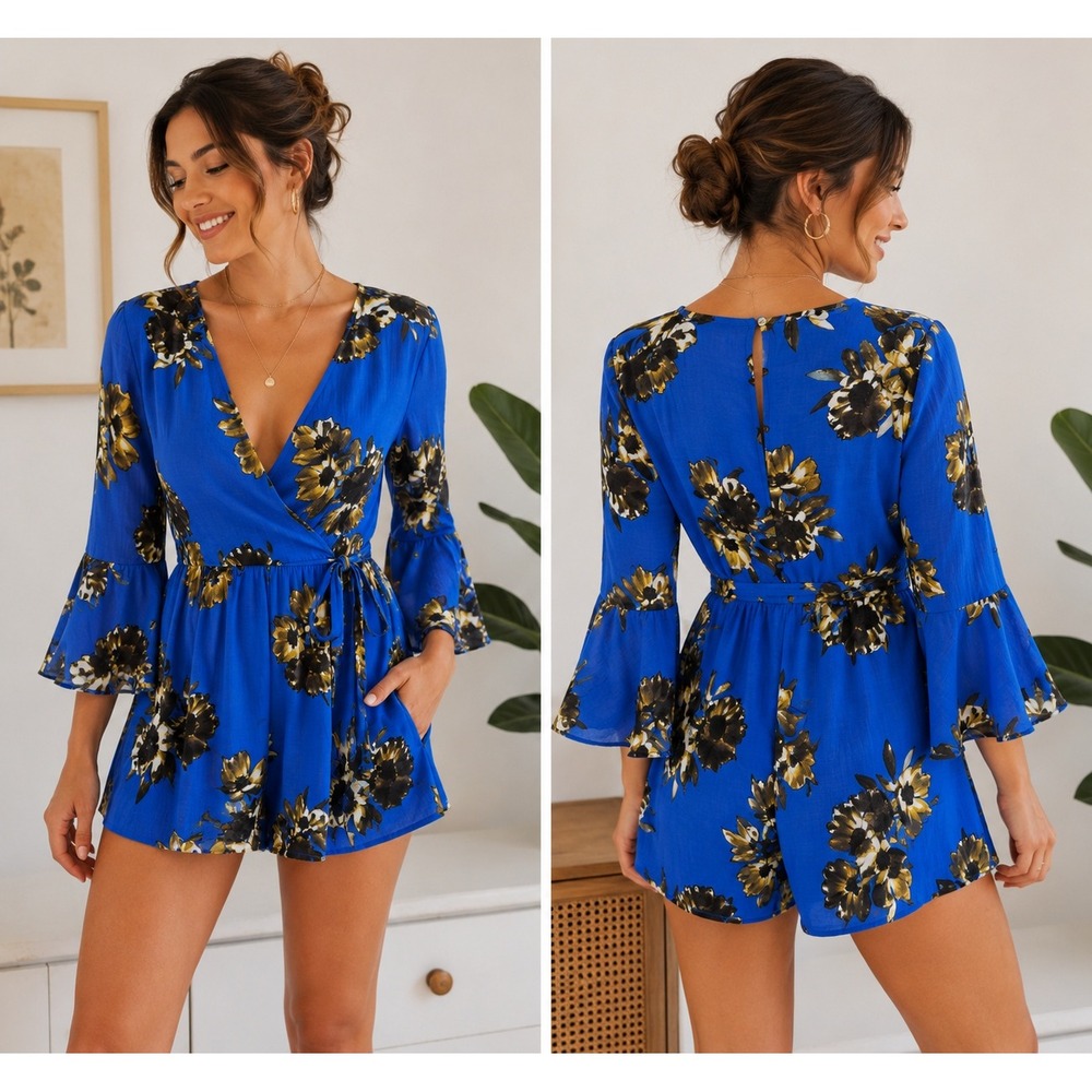 Free‎ People XS Blue Floral Wrap Romper Kimono Bell Sleeve Tie Waist